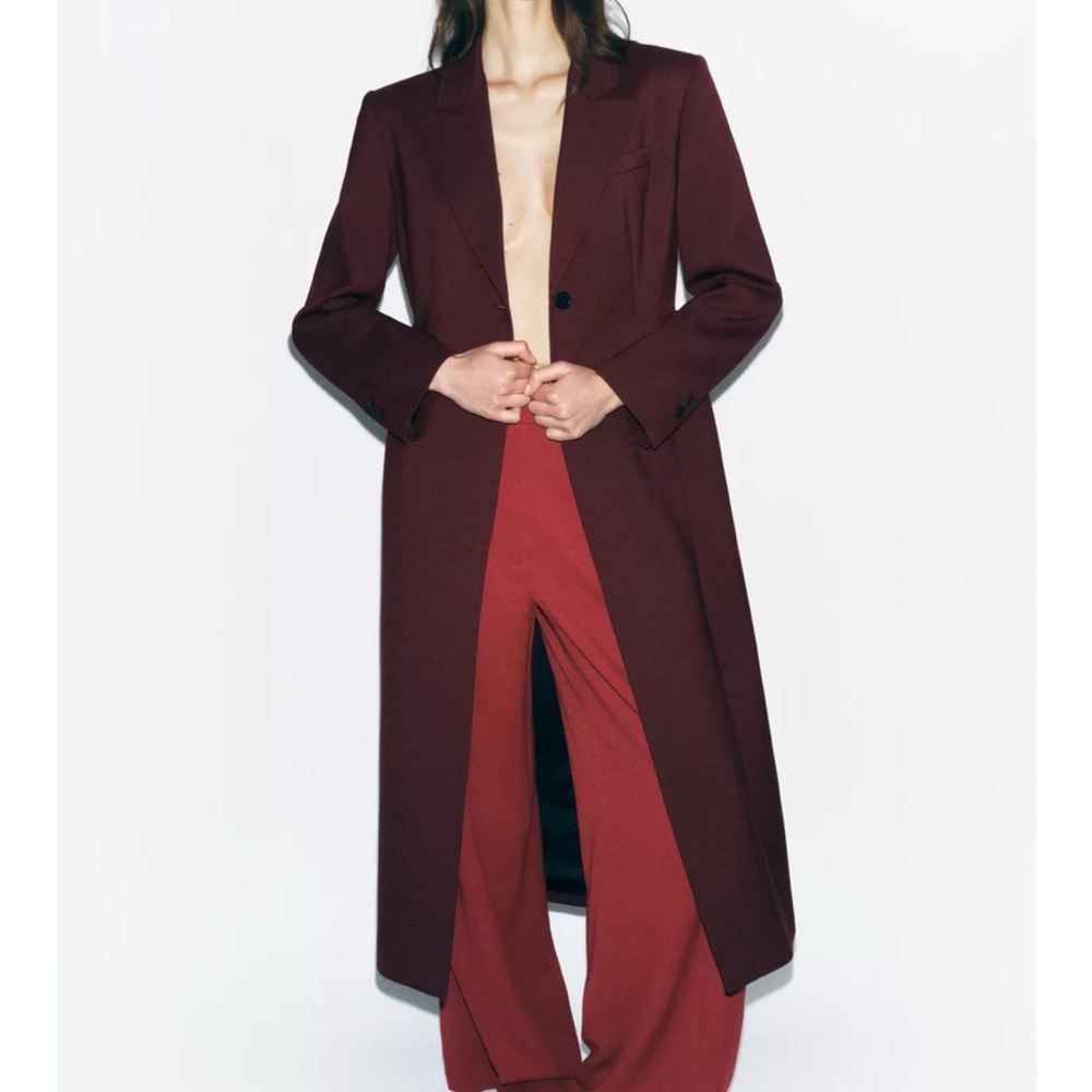 Zara Burgundy Long Coat Size Small - Picture 3 of 16